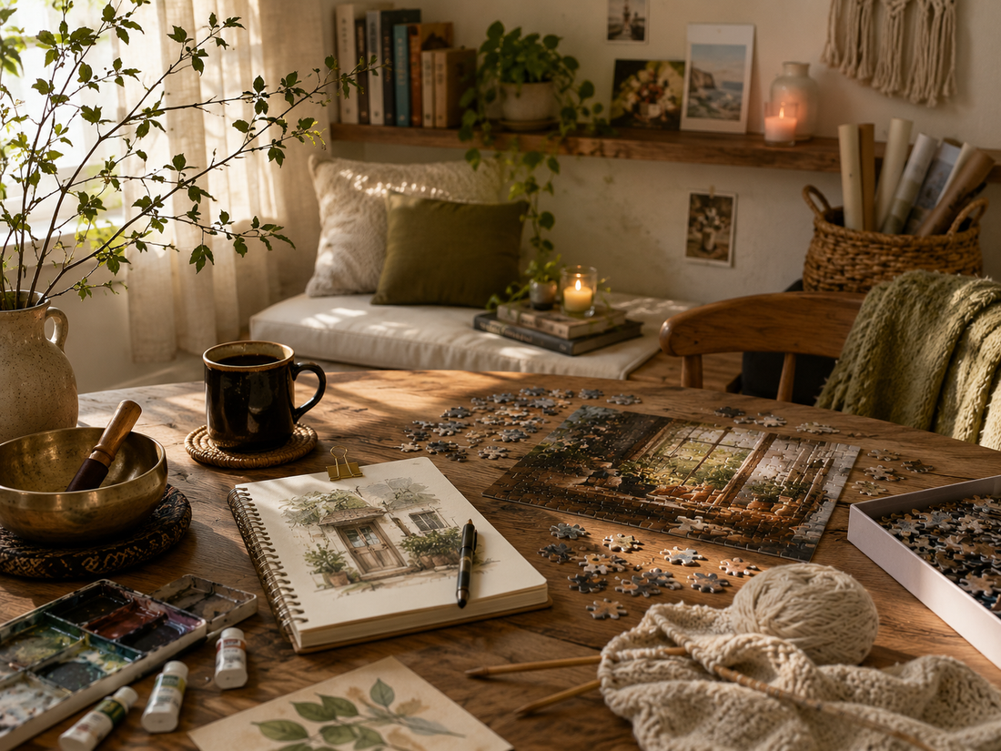 Cozy creative ritual at home with candlelight, tea, journal, puzzle pieces, watercolor tools, plants, and warm natural light