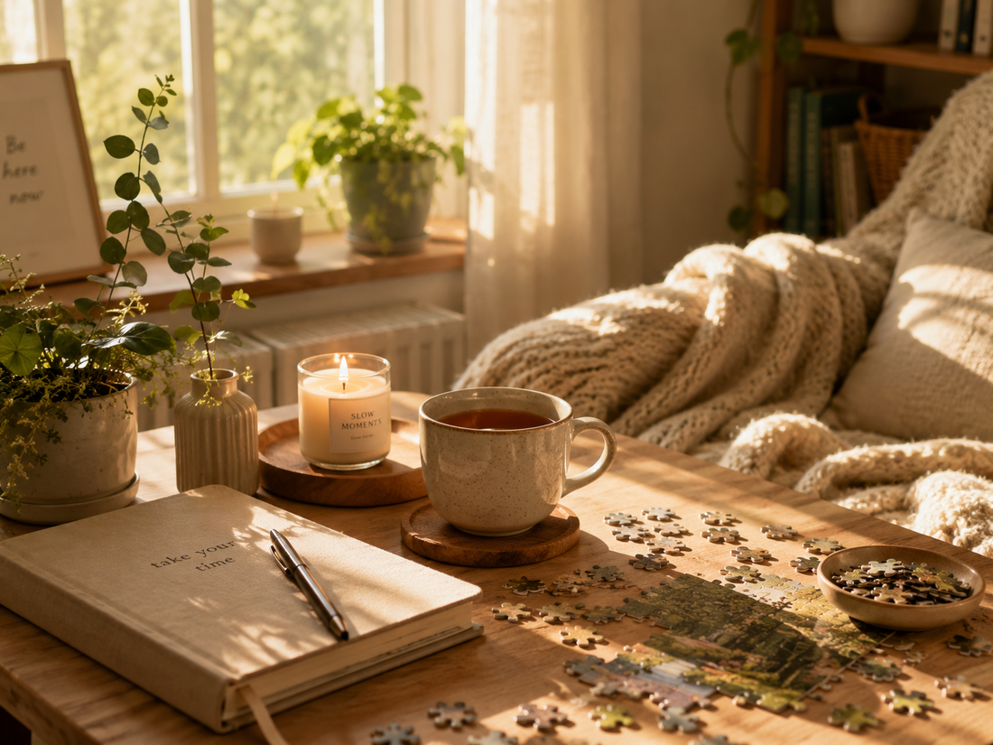 Slow living home scene with warm natural light, tea, candle, journal, plants, soft blanket, and mindful creative moments