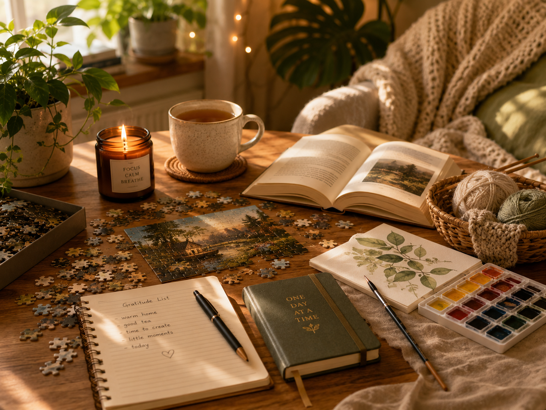Screen-free activities for adults at home with puzzle pieces, books, journal, watercolor painting, tea, candle, plants, and cozy blanket