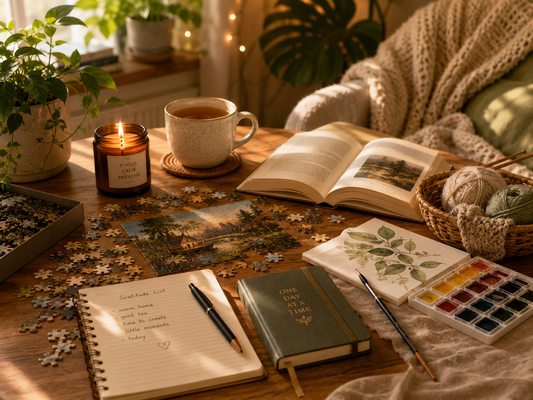 Screen-free activities for adults at home with puzzle pieces, books, journal, watercolor painting, tea, candle, plants, and cozy blanket